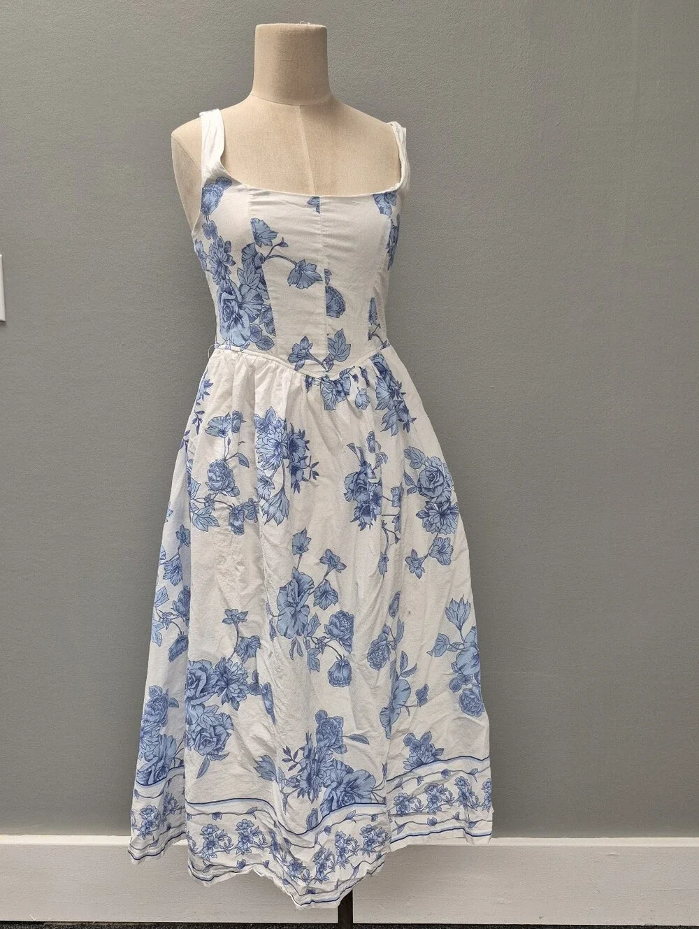 Trixxi Los Angeles Blue Floral Toile Cotton Midi Dress Medium - Picture 1 of 10